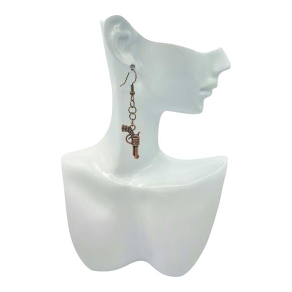 Western Revolver Earrings Bronze Tone Pistol Dangles - Picture 3 of 3